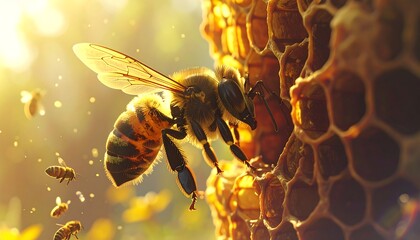 A close-up of a bee hovering near a honeycomb, bathed in sunlight