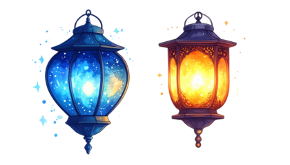 Tiny mystical lantern pair with curling smoke isolated on transparent background.