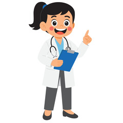 Medical professional indicating direction with one finger, holding a blue clipboard. Ideal for healthcare, consultation, medical advice, and patient counseling concepts