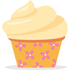 A sweet cupcake with yellow frosting and a decorative orange wrapper adorned with pink floral patterns isolated on a white background