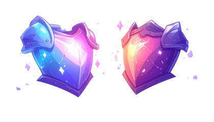 Two Glowing Fantasy Crystal Chest Shields or Game Armor Assets in Vibrant Gradient Colors