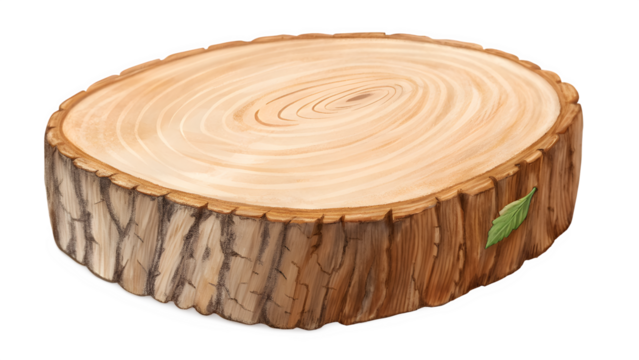 Cross section of a tree trunk showing growth rings with a small green leaf attached to the bark on transparent background