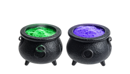Two Black Witch's Cauldrons Bubbling with Green and Purple Magic Potion or Brew