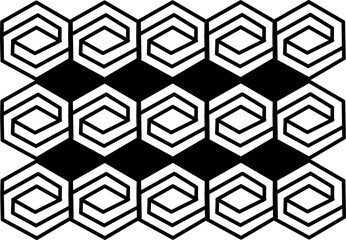 Abstract geometric pattern with interlocking hexagonal spiral shapes in black and white, creating a modern optical illusion and bold contemporary design