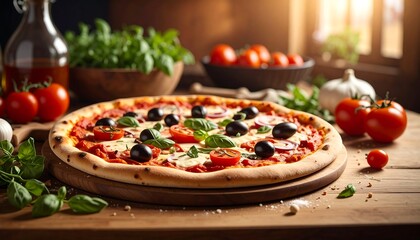 A delicious, freshly baked pizza sits on a wooden table, surrounded by ingredients