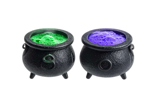 Two Black Witch's Cauldrons Bubbling with Green and Purple Magic Potion or Brew
