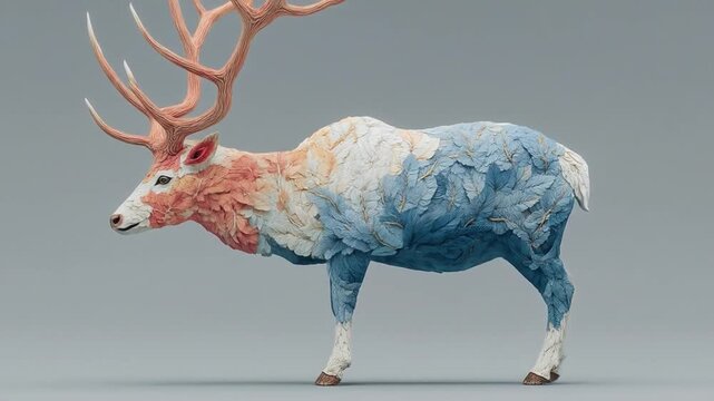 Abstract deer illustration with colorful textures against a neutral backdrop