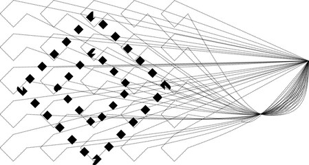 Abstract network diagram with black nodes and connecting lines symbolizing data flow, neural connections, communication, or digital information structure.
