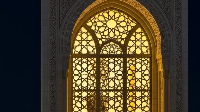 Ornate window with geometric star pattern against a dark backdrop, illuminated with golden light