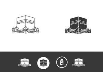 Naklejka premium Stylized vector icons depicting the sacred Kaaba in Mecca with pilgrims, presented in both outline and solid fill variations.