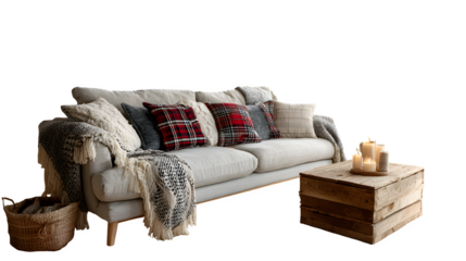 Cottage-style living room decorated with plaid fabrics, pine garlands, and rustic baubles on a small wooden Christmas tree, isolated on white background