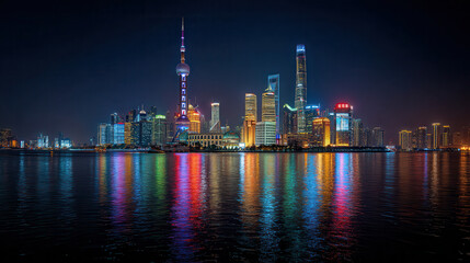 Obraz premium Shanghai skyline at night with colorful reflections on the water