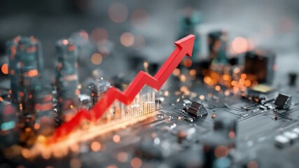 Abstract digital cityscape with rising arrow representing growth - Powered by Adobe