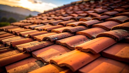 Close-up of red terracotta roof tiles, sunlight. Mountain backdrop