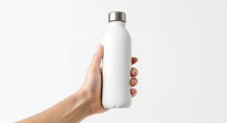 Minimalist white water bottle held by a hand, product display, isolated on white background.
