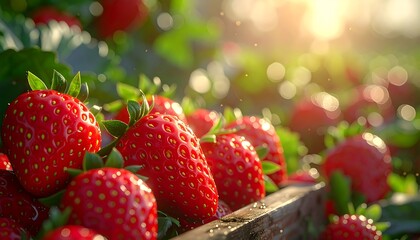 Close-up of ripe strawberries in a wooden crate, bathed in sunlight