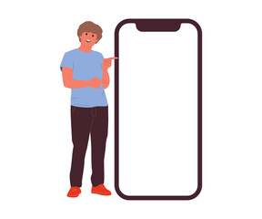 Cute flat male character presenting smartphone 