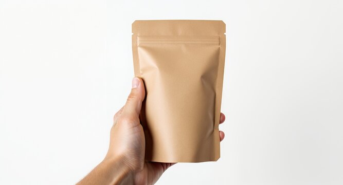 Packaging Bag Mockup Held in Hand Against a White Background