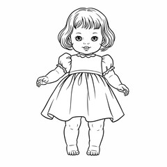 Charming vintage doll outline drawing perfect for coloring and creative projects isolated on white background Vector Illustration