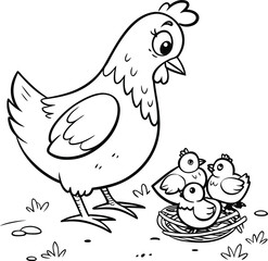 Chicken and Chicks Standing on Black Line