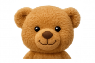 Teddy bear head smiling, cute plush toy face with fluffy fur, representing childhood, comfort, and innocence on transparent background