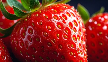 Close-up view of fresh, vibrant red strawberries with green leaves