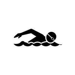 Silhouette of a swimmer in motion crossing a body of water with a dynamic wave pattern below isolated on white background Vector Illustration