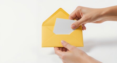 Sending or Receiving a Note or Card in a Yellow Envelope on White Surface