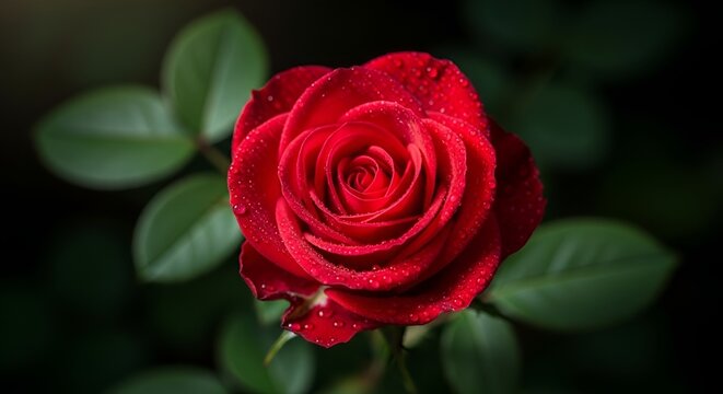 Red Rose on Green Leaves