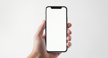 Smartphone held in a hand, blank screen for design, mockup.