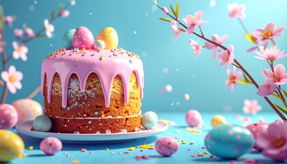 A pastel cake with colorful Easter eggs, blossoms, and a serene blue backdrop