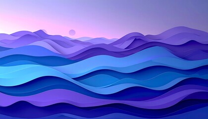 Abstract, layered scene of stylized waves under a soft, pastel sky