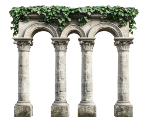 Four stone columns form arches, topped with ivy, isolated on black