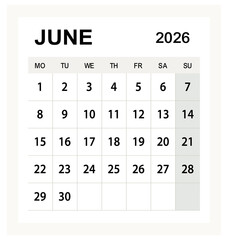 Modern June 2026 calendar vector, minimalist monthly planner page design, printable layout template for business and office organization