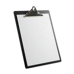 Black plastic clipboard with blank white paper and silver metal clip, angled view. Isolated on transparent background, png