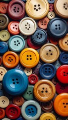 Assortment of colorful, round sewing buttons arranged closely