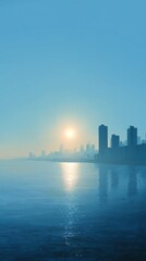 Sunset City River Wallpaper: Glittering Skyscraper Reflections under Blue Sky with White Clouds, HD Urban Background Illustration
