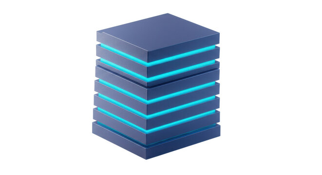 Glowing cyan neon layered server stack or data storage icon, 3D render, isolated on white background