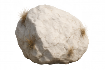 White rock boulder with dry grass tufts, natural stone element for barren desert or garden landscaping, transparent background