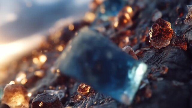 Abstract gemstone composition sparkling minerals with overhead lighting