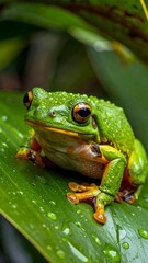 Naklejka premium A vibrantly colored amphibian sits on a leaf, covered in water droplets