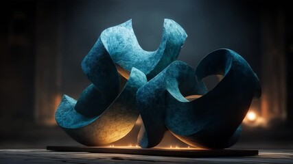 Abstract geometric sculpture with blue and gold tones on dark backdrop
