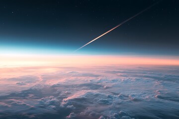 Airplane contrail crossing sky above pink clouds at sunrise, leaving white vapor trail