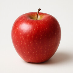 Bright red apple isolated on a clean white background with a subtle reflection and stem.