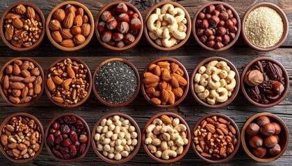 Fototapeta premium Assortment Of Mixed Nuts And Dried Berries In Rustic Ceramic Bowls Arranged On Weathered Wooden Table Top Overhead View
