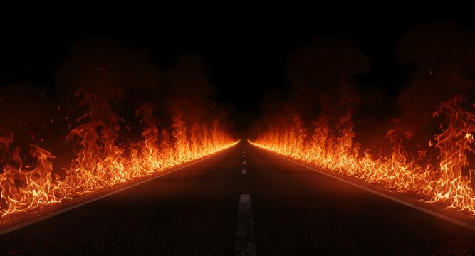 A dramatic burning road stretching into a fiery distance at night, flanked by intense orange and red flames creating a powerful and challenging visual concept.