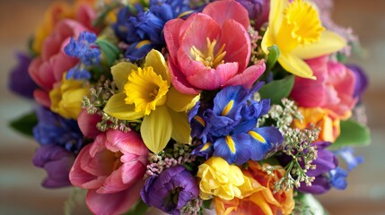 Bright bouquet with mixed spring flowers