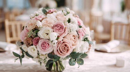 Elegant bouquet in pastel tones on table