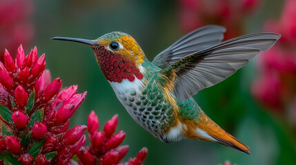 Fototapeta premium A hummingbird hovers near a red flower, its wings moving fast against a green background. 