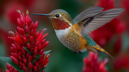 Fototapeta premium A hummingbird hovers near a red flower, its wings moving fast against a green background. 